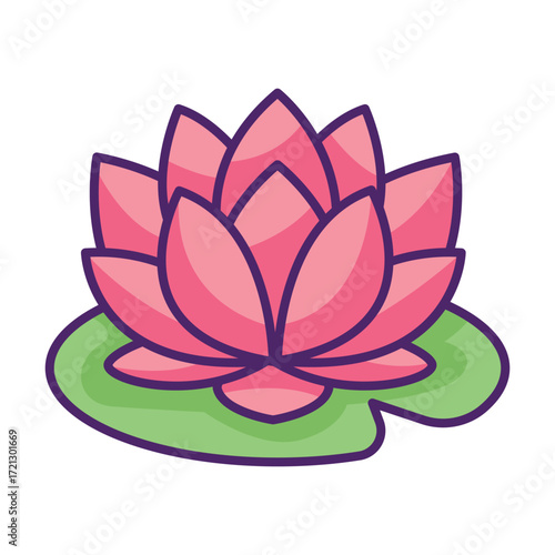 A pink lotus flower with a purple outline on green lily pads