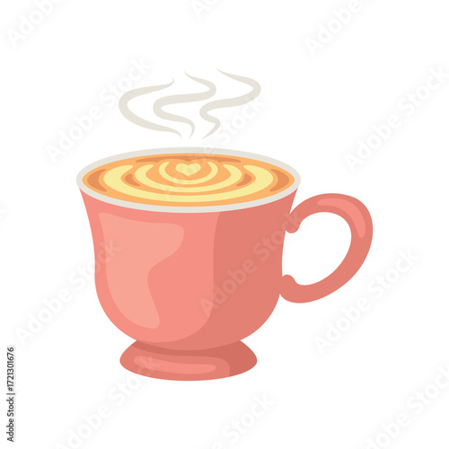 A pink mug of coffee with a heartshaped latte art and steam