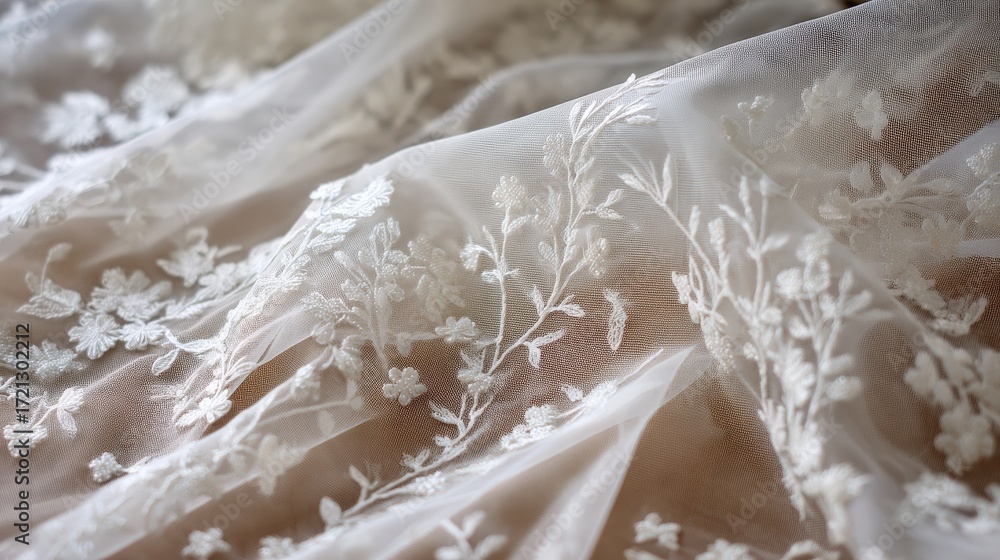 Obraz premium Ivory Tulle with Delicate Embroidery, Semi-Transparent Mesh and Soft Fabric Movement
