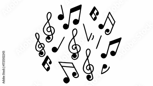 Collection of musical notes and treble clefs arranged in a circular pattern on a white background