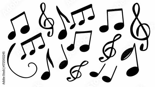 Collection of various black musical notes and symbols scattered across a white background design layout