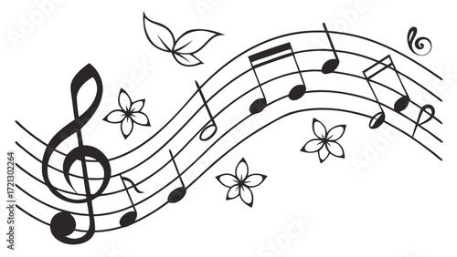 Illustration of musical notes on a staff with flowers and leaves in a decorative black and white design