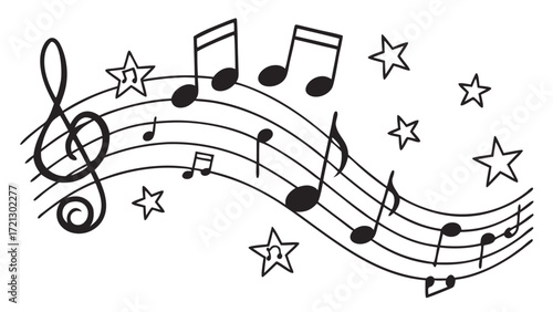 Musical notes and stars on staff lines creating a joyful and whimsical musical graphic design element