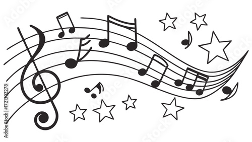 Musical score with treble clef notes on staff lines and stars floating around in black and white style