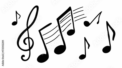 Musical notes and treble clef in black and white creating a musical composition illustration art