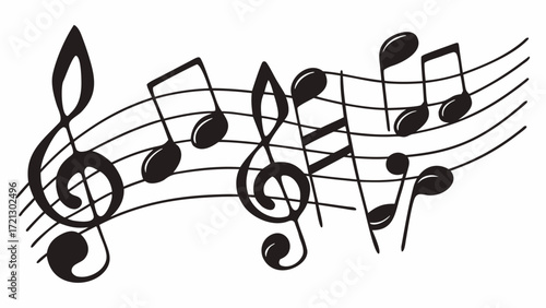 Illustration of musical notes and clefs arranged on a staff with a white background in a graphic style