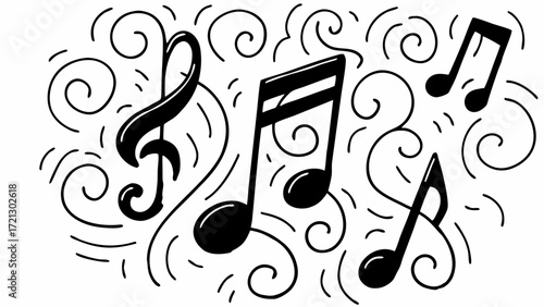 Black and white musical notes with treble clef and swirls in a decorative arrangement for music lovers