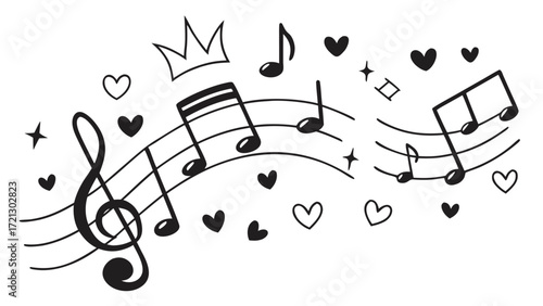 A musical composition with notes and hearts and a crown floating above the staff lines in black and white