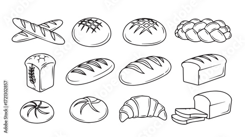 Artistic sketch collection of assorted fresh baked bread varieties and pastries silhouette