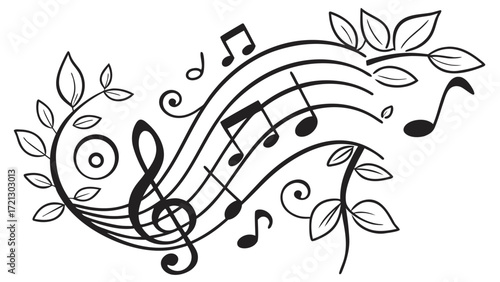 Elegant music staff with treble clef and notes intertwined with floral vines and leaves design element