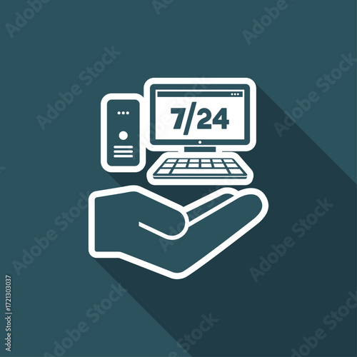 7/24 computer assistance service - Vector flat icon