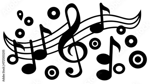 Illustration of musical notes and staff lines with circles in a monochrome black and white composition art