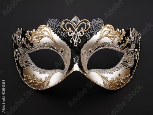 Elegant Venetian Mask with Gold and Silver Details on Black Background