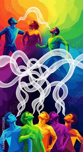 Colorful figures exhaling swirling smoke in a vibrant, abstract design.
