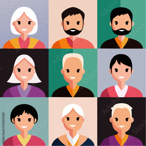 Diverse flat-design avatar collection for modern user profiles, web interfaces, and conceptual representations of community. Features unique individuals with varied expressions and styles