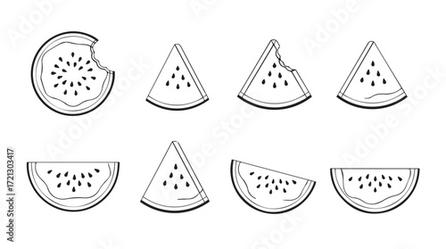 Refreshing slices of ripe watermelon fruit collection isolated on silhouette