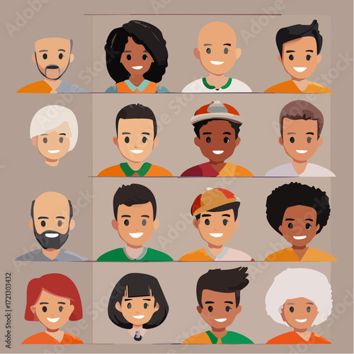 Diverse group of smiling cartoon avatars featuring a wide variety of people, representing different ages, genders, and ethnicities for inclusive digital profiles and vibrant online communities