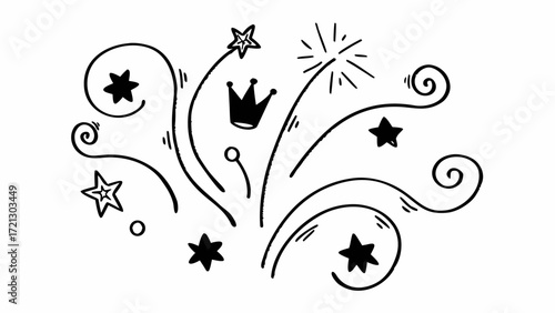 Hand drawn doodle illustration featuring stars swirls crown and sparkle elements on a white background