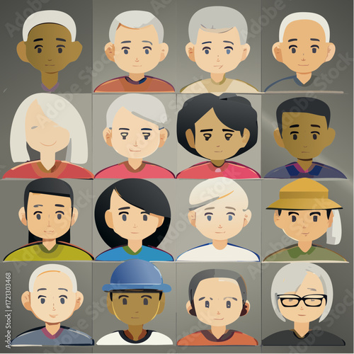 A grid of stylized, diverse cartoon avatars representing various ages and ethnicities, suitable for user profiles or game characters