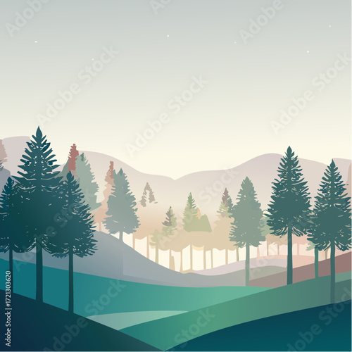 Tranquil forest landscape with rolling hills and distant mountains under a serene sky, evoking peace and natural beauty
