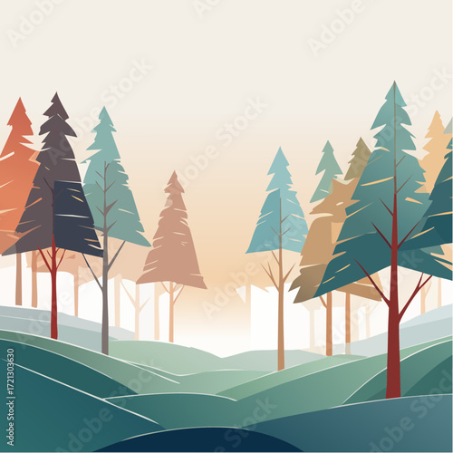 Serene forest landscape with stylized pine trees and rolling hills in muted pastel colors, evoking a tranquil, natural setting