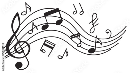 Illustration of musical notes and a treble clef arranged across staff lines in a whimsical design style