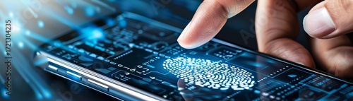 Corporate hand scanning fingerprint while phone shows code, MFA concept