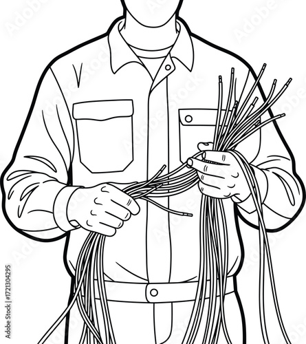 Technician holding and inspecting a bundle of cables.