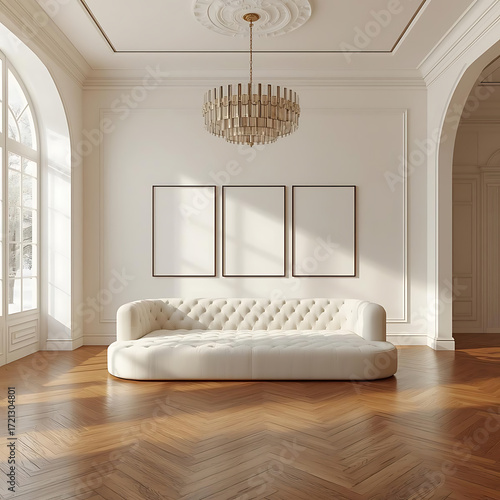 Empty Interior: A lavish interior design features a luxurious sofa, an elegant chandelier, and empty picture frames. The scene is bathed in natural light from the large arched windows. 