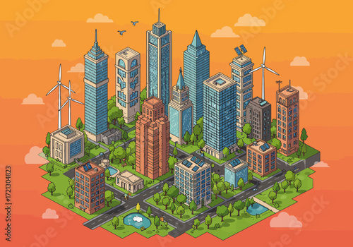 Isometric Cityscape Sustainable Architecture and Green Energy