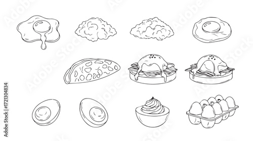 Collection of hand-drawn sketches of various egg dishes and preparations artistic food art silhouette