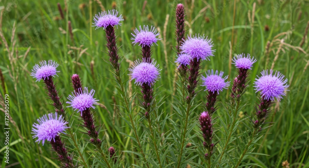 Fototapeta premium Purple Liatris Spicata Flowers Blooming in Summer Garden Meadow 