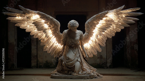 The image shows a statue of a draped figure with large, illuminated wings. The figure is kneeling, with its head bowed and arms at its sides