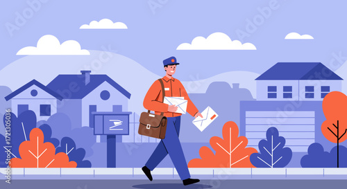 Mailman delivering letters in a suburban neighborhood