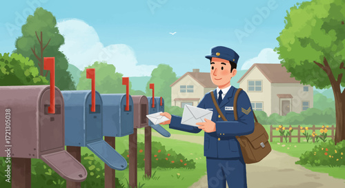 Postman Delivering Mail in Suburban Neighborhood