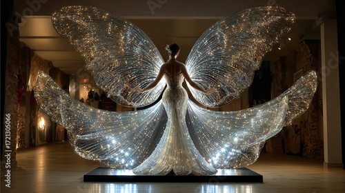 Centered in the image is a figure wearing a shimmering gown paired with large, translucent wings, each detailed with numerous embedded lights
