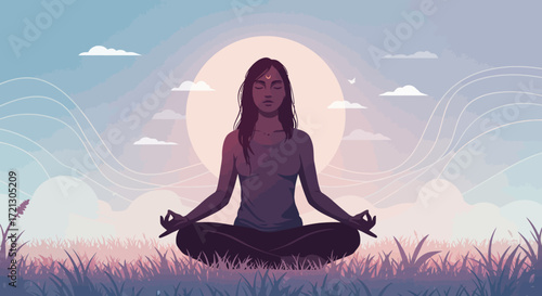 Peaceful woman practices yoga meditation during a serene sunset