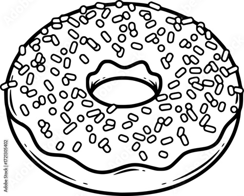 a black and white vector illustration of a donut with sprinkles, simple, isolated on white background

