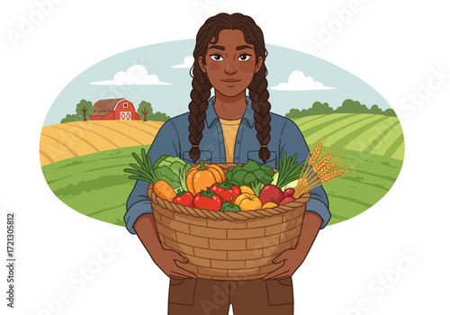 Female farmer with a harvest basket of fresh vegetables