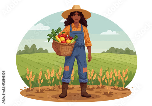 Farmer Woman Holding Basket Full of Fresh Organic Produce