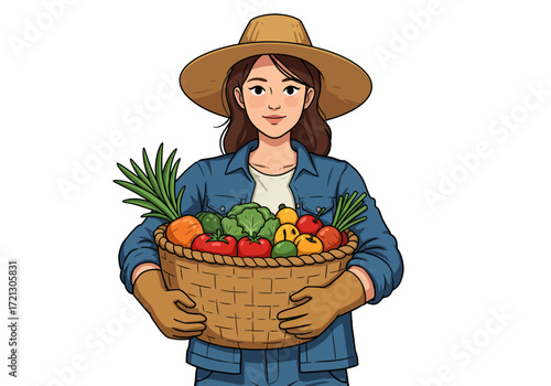 Happy Farmer Woman Holding Basket Full of Fresh Vegetables