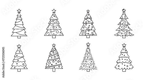 Collection of hand drawn christmas tree styles festive decorations and winter holiday elements silhouette