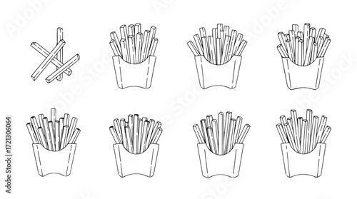 Crispy french fries fast food icons set sketchy hand drawn style delicious potato snack silhouette