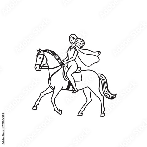 Black and white line art of a beautiful woman with perfect body riding horse elegant minimalist illustration