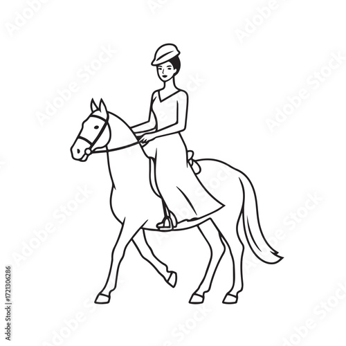 Black and white line art of a beautiful woman with perfect body riding horse elegant minimalist illustration