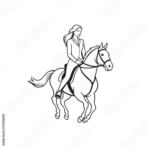 Black and white line art of a beautiful woman with perfect body riding horse elegant minimalist illustration