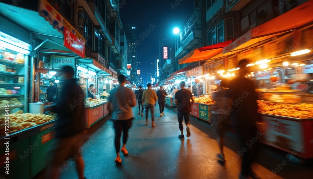 Naklejka premium Night market scene with stalls, people walking. Busy street displays delicious street food, vibrant atmosphere under city lights. Neon signs glow, sellers interact with buyers in lively urban