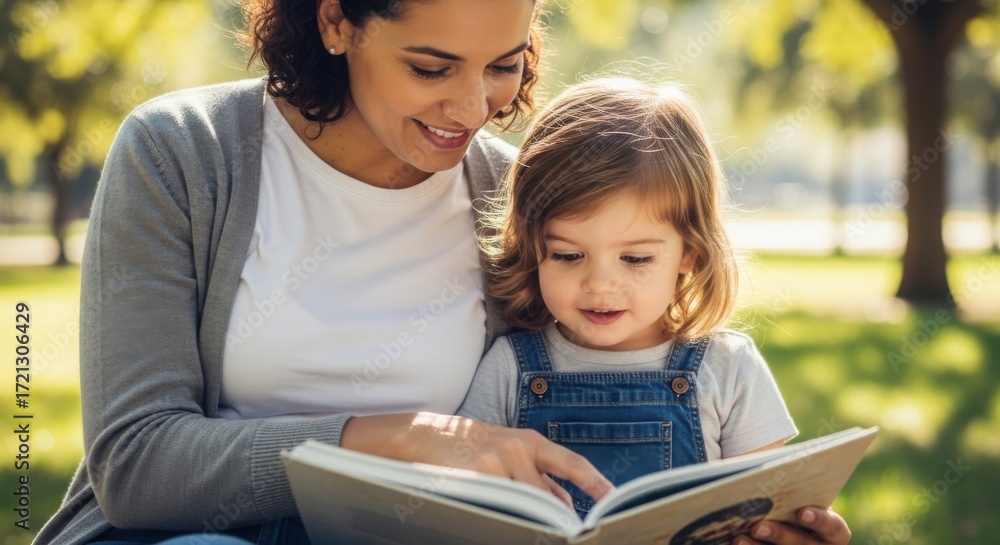 Obraz premium Mother and daughter enjoying a storybook outdoors in a park setting