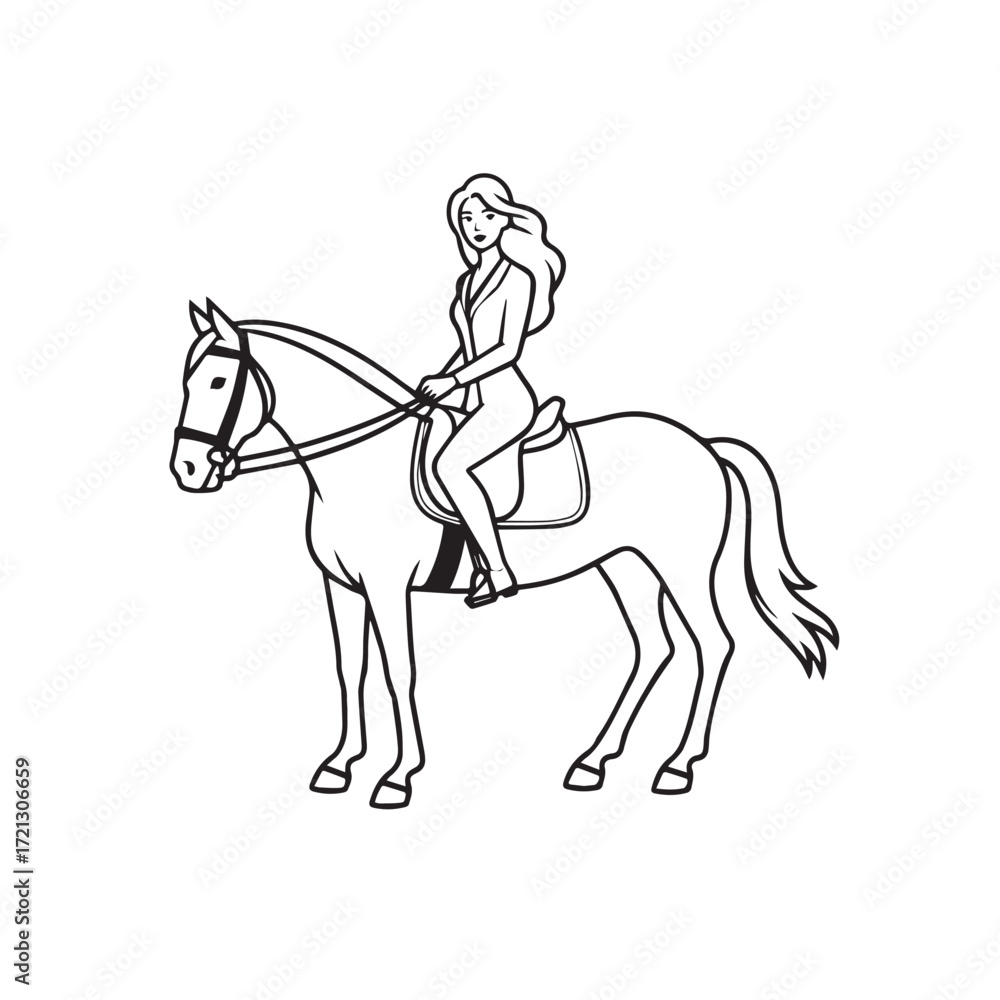 Obraz premium Black and white line art of a beautiful woman with perfect body riding horse elegant minimalist illustration