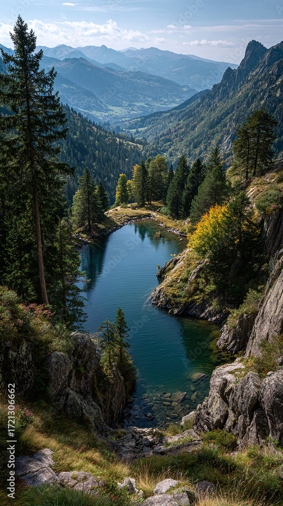 Obraz premium lake view from top with pine mountain view